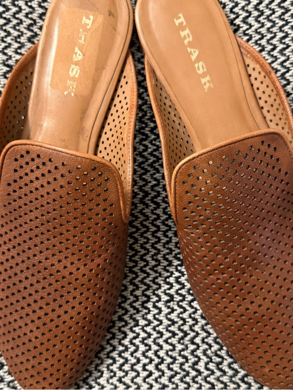 Trask Ashley Perforated Leather Slip-On Mules in Cognac/Brown